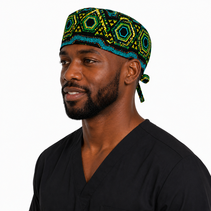 Colorful Spirit African Kente mens tieback scrub cap left side view bold black teal green gold geometric pattern Ghana surgical hat male nurses surgeons