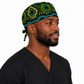 Colorful Spirit African Kente mens tieback scrub cap right side view adjustable tie back bold black teal green gold geometric pattern surgical hat male healthcare professionals