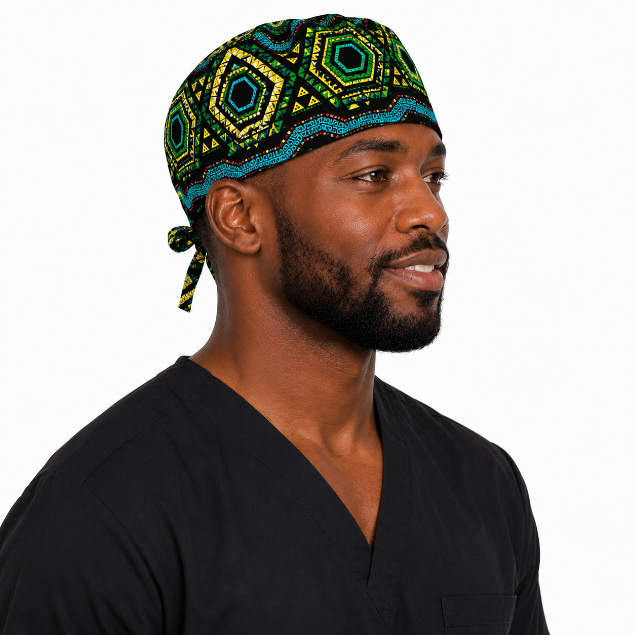 Colorful Spirit African Kente mens tieback scrub cap right side view adjustable tie back bold black teal green gold geometric pattern surgical hat male healthcare professionals