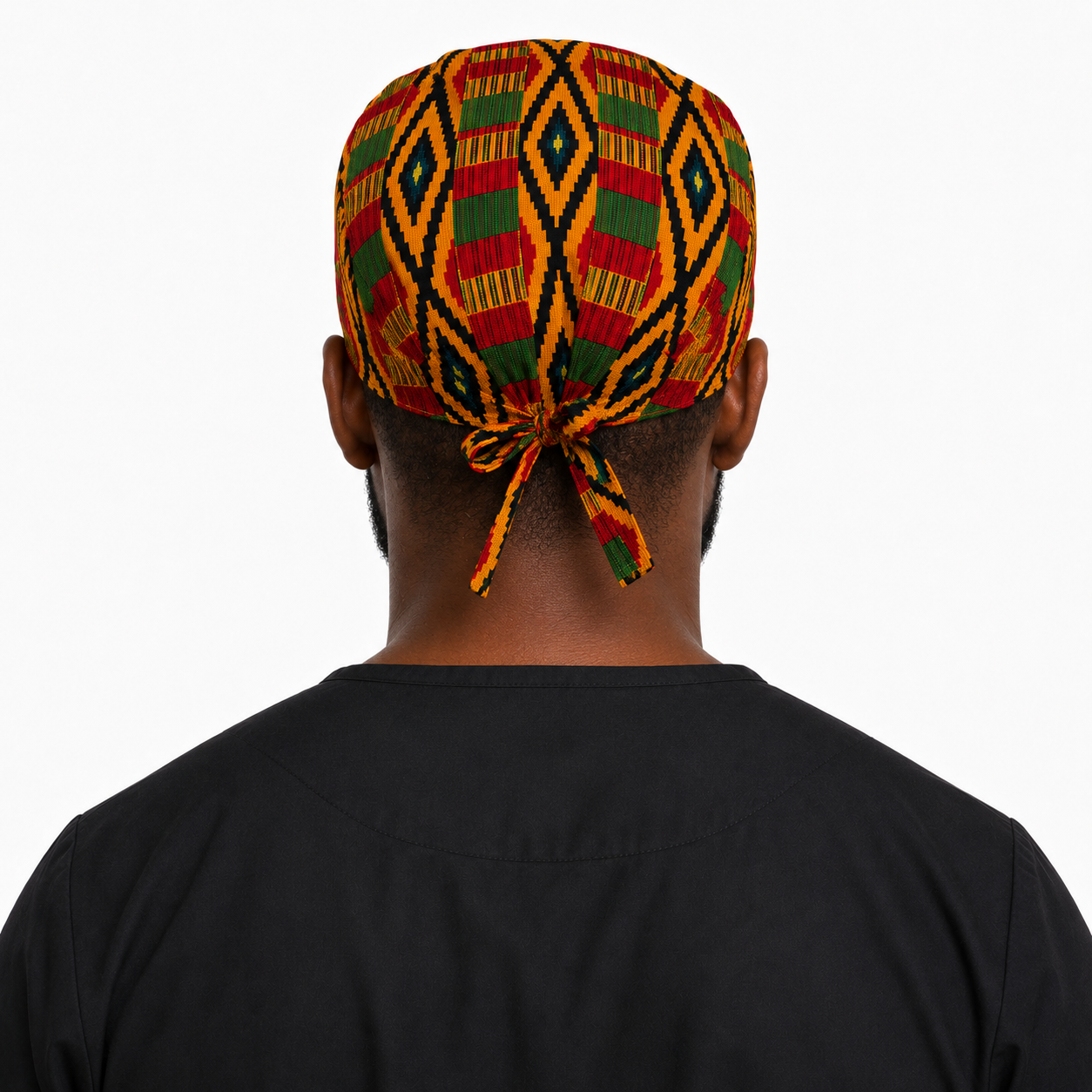 Empowered Energy African Kente mens tieback scrub cap back view showing tie closure traditional Ghana diamond Kente print surgical hat handmade USA OR World
