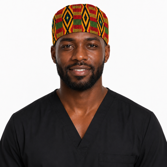 Male healthcare professional wearing Empowered Energy African Kente mens tieback scrub cap traditional Ghana diamond pattern gold red green surgical hat black scrubs OR World