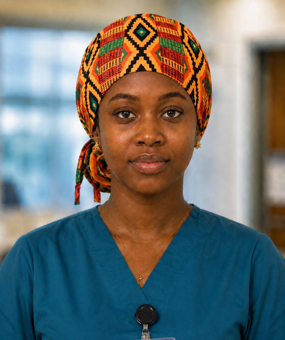 Nurse wearing Empowered Energy African Kente ponytail scrub cap traditional Ghana diamond pattern orange green teal black surgical hat hospital setting OR World