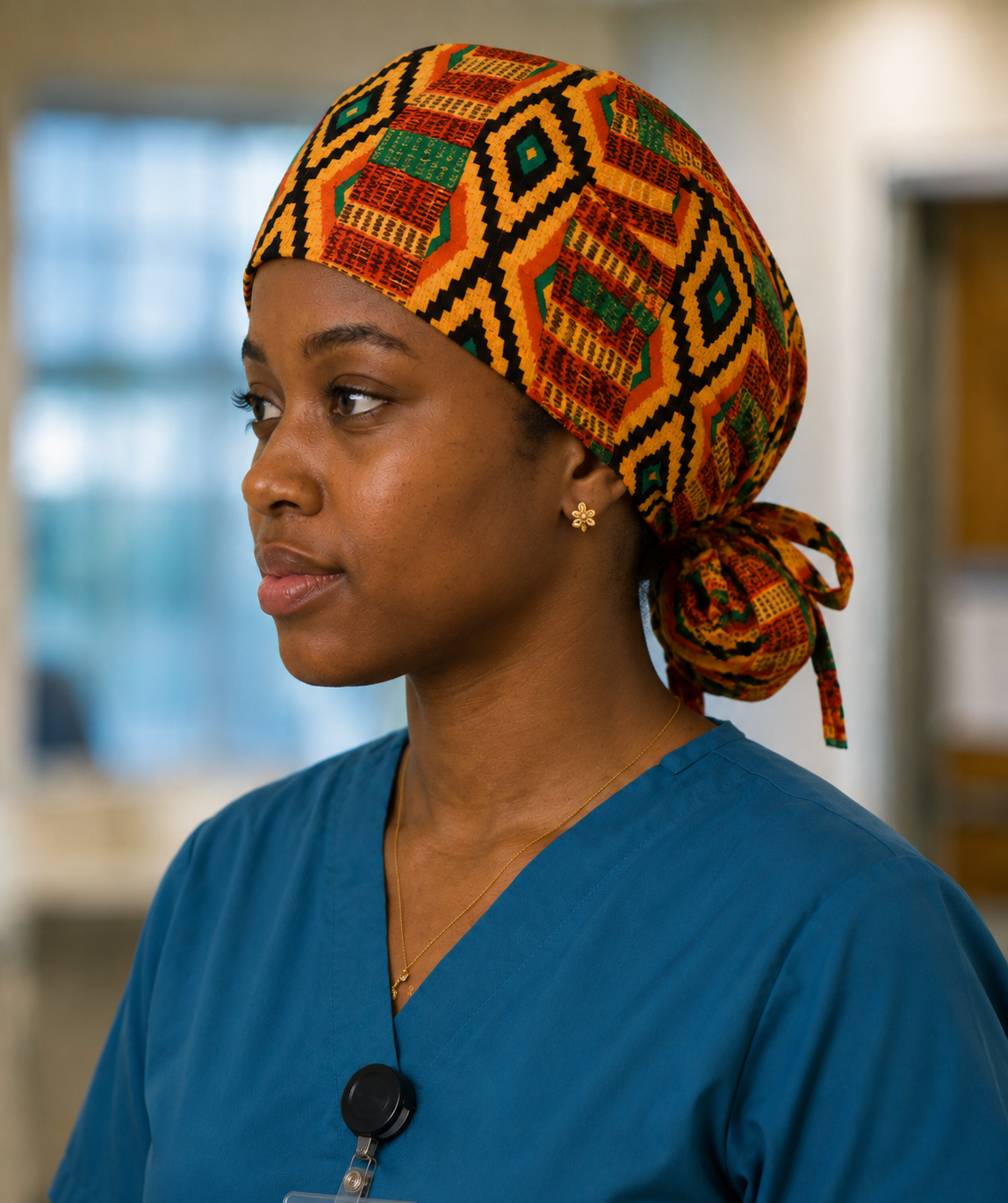 Empowered Energy African Kente ponytail scrub cap left side view traditional Ghana diamond pattern orange green teal black surgical hat nurses healthcare professionals