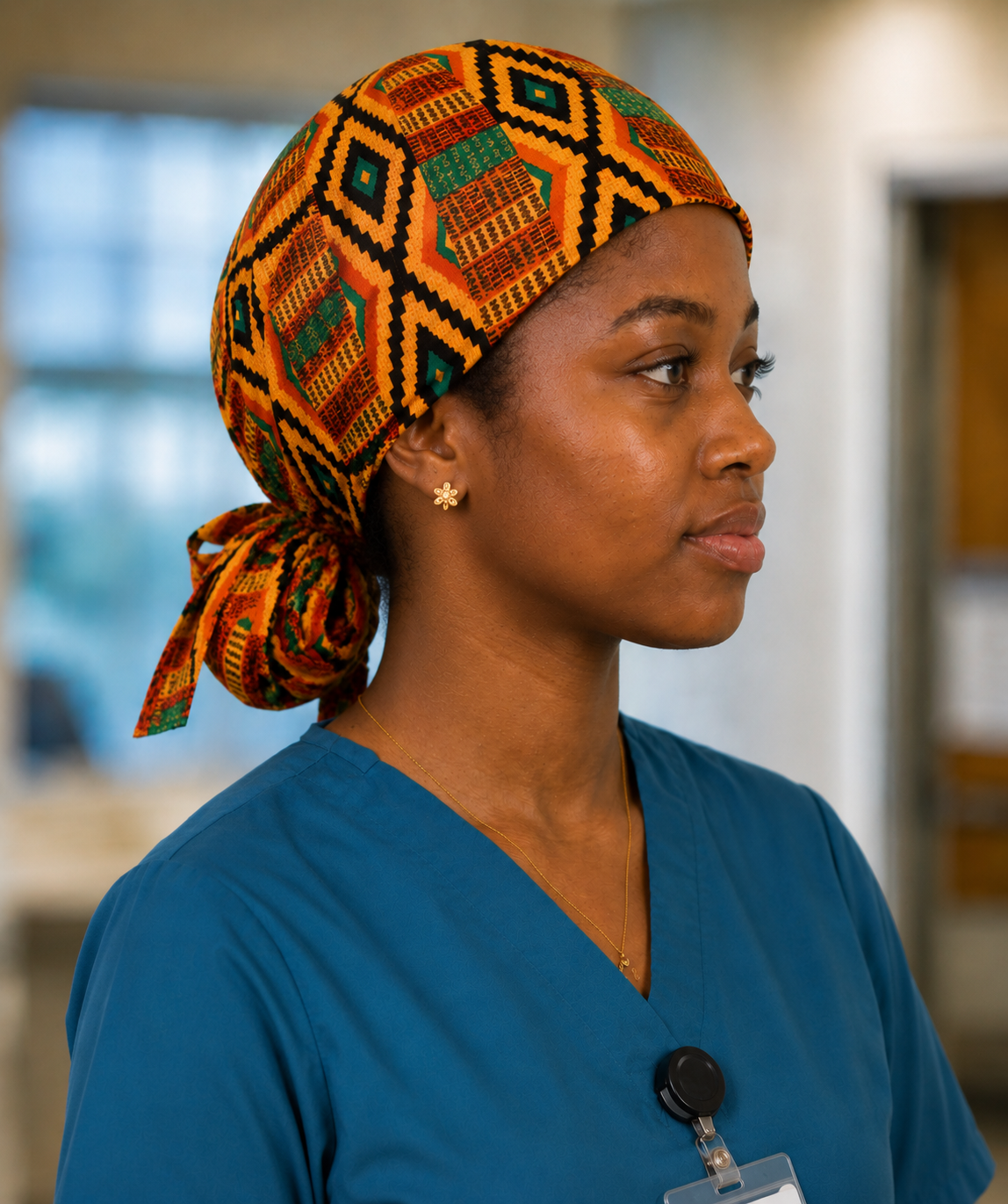Empowered Energy African Kente ponytail scrub cap right side view adjustable tie back traditional Ghana Kente diamond pattern surgical hat nurses surgical techs