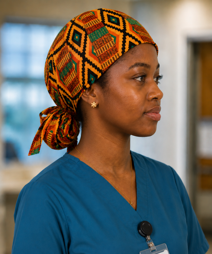 Empowered Energy African Kente ponytail scrub cap right side view adjustable tie back traditional Ghana Kente diamond pattern surgical hat nurses surgical techs