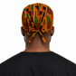 African Kente Ghana men's tieback scrub cap back view showing tie closure traditional orange green Kente print surgical hat handmade USA OR World