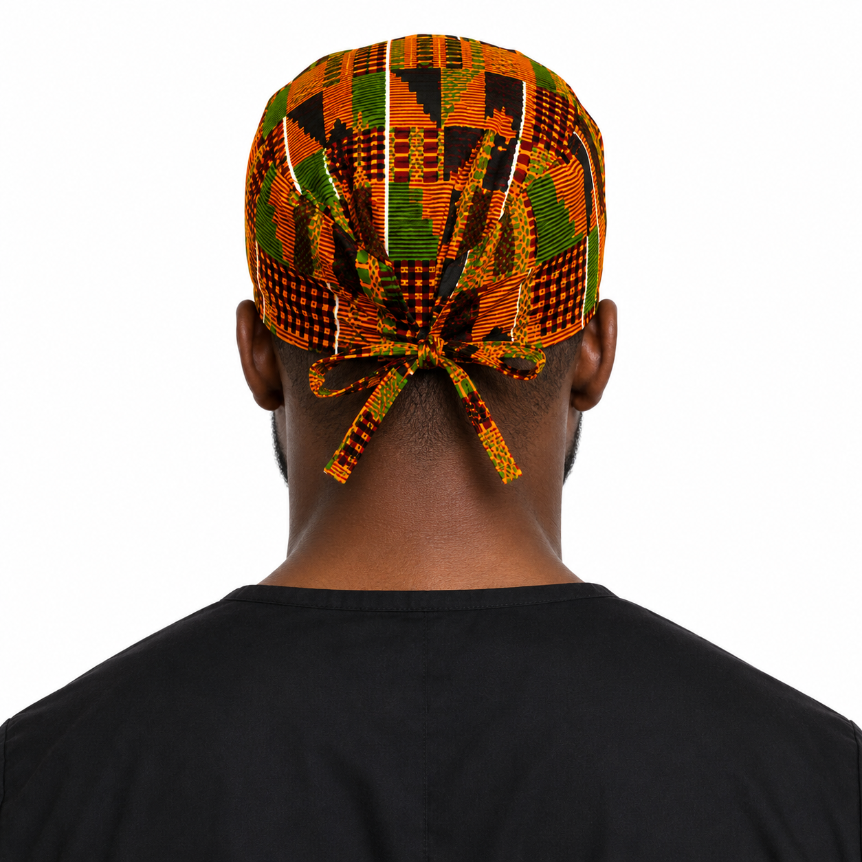 African Kente Ghana men's tieback scrub cap back view showing tie closure traditional orange green Kente print surgical hat handmade USA OR World