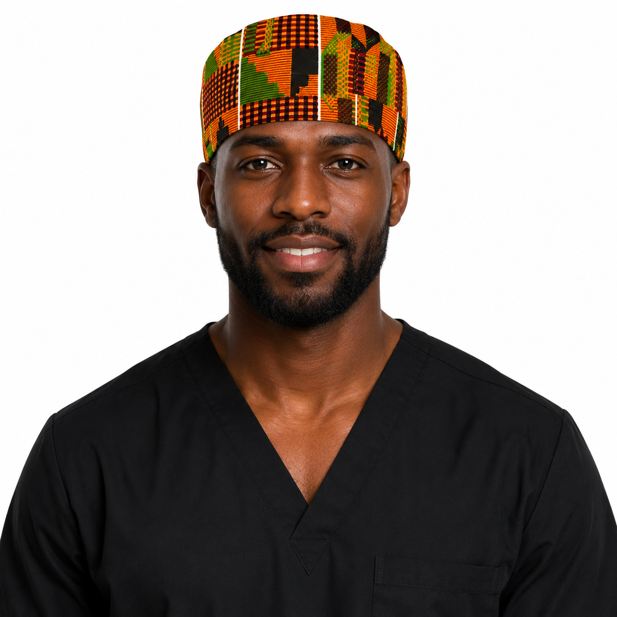 Male healthcare professional wearing African Kente Ghana men's tieback scrub cap traditional orange green geometric pattern surgical hat black scrubs OR World