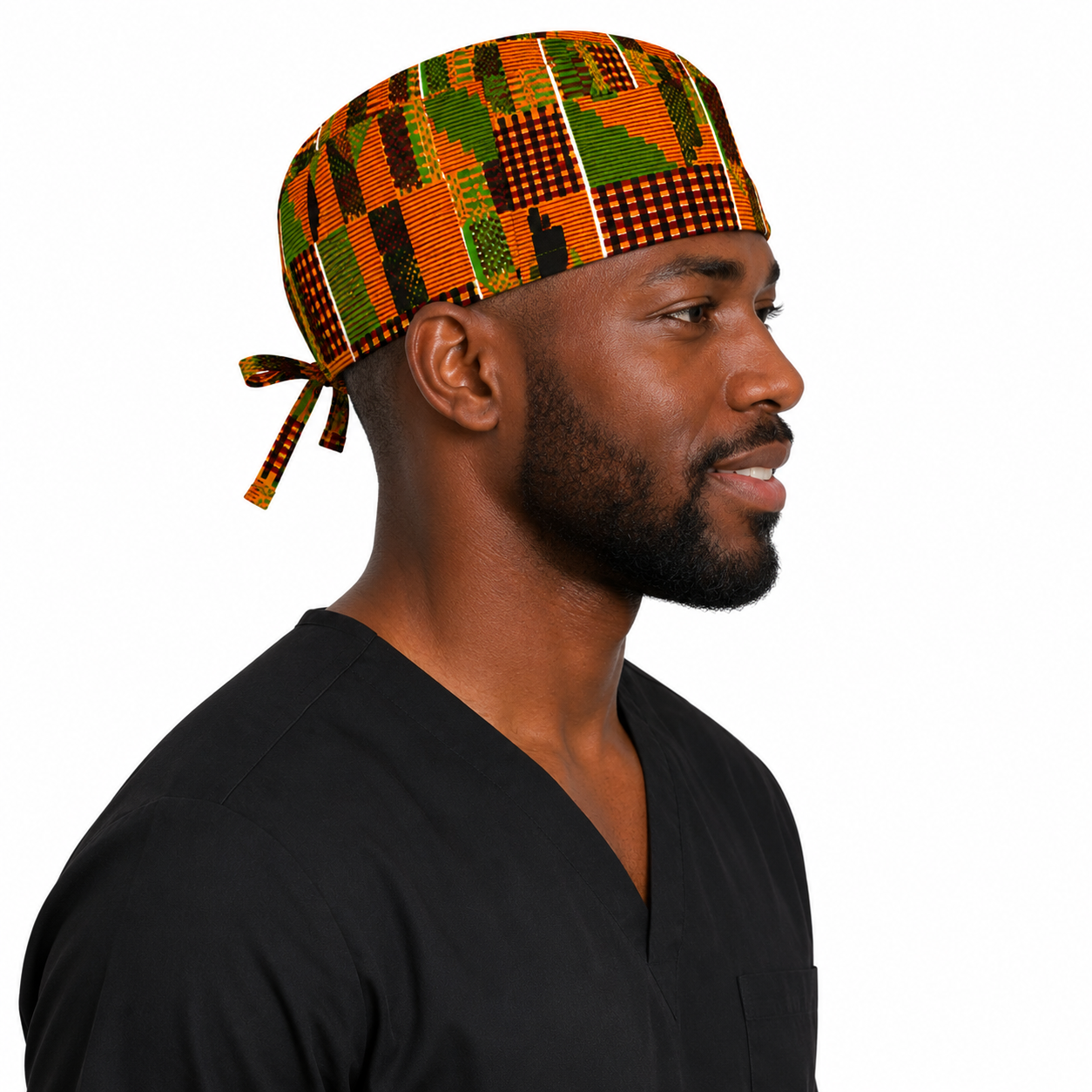 African Kente Ghana men's tieback scrub cap right side view adjustable tie back traditional Ghana Kente print surgical hat male healthcare professionals