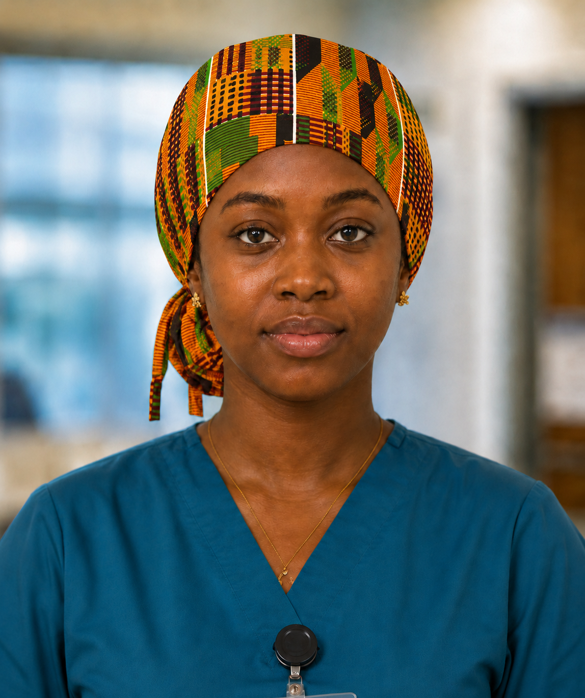 Nurse wearing African Kente Ghana original ponytail scrub cap traditional orange green brown black geometric pattern surgical hat hospital setting teal scrubs OR World