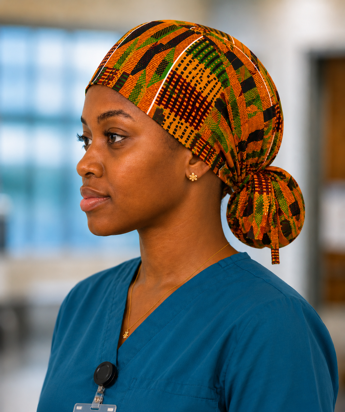 African Kente Ghana original ponytail scrub cap left side view traditional orange green brown black geometric pattern surgical hat nurses healthcare professionals