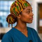 African Kente Ghana original ponytail scrub cap right side view adjustable tie back traditional Ghana Kente orange green pattern surgical hat nurses surgical techs