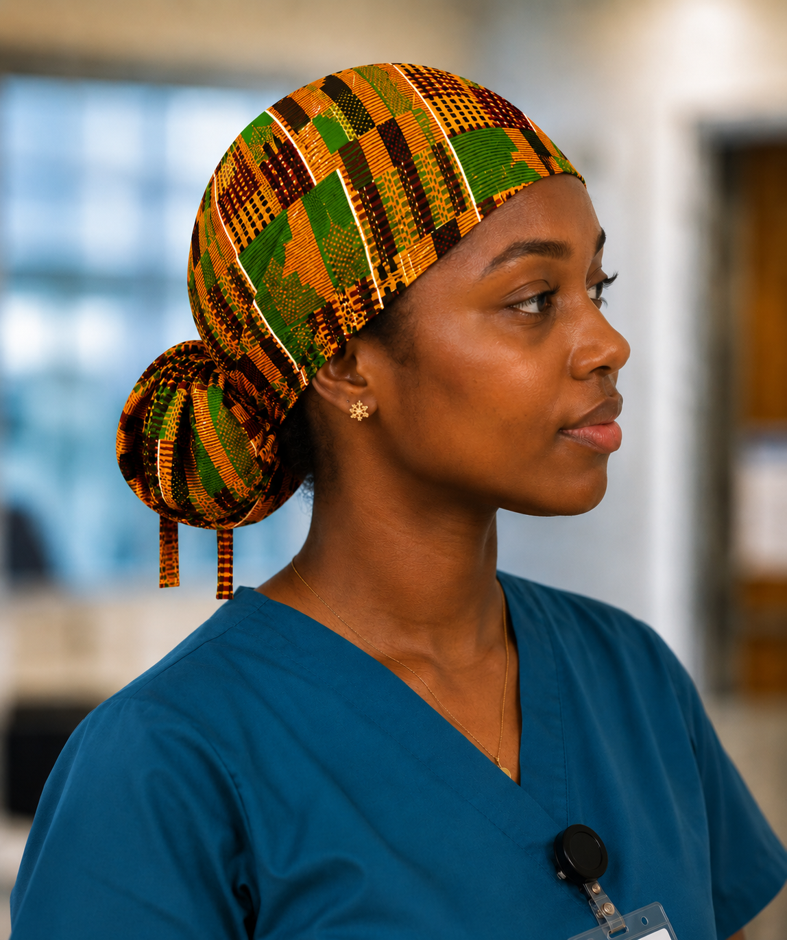 African Kente Ghana original ponytail scrub cap right side view adjustable tie back traditional Ghana Kente orange green pattern surgical hat nurses surgical techs