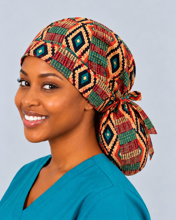 Right three-quarter view of an African Kente XL ponytail cap, with woven-look red and green stripe blocks across the roomy crown