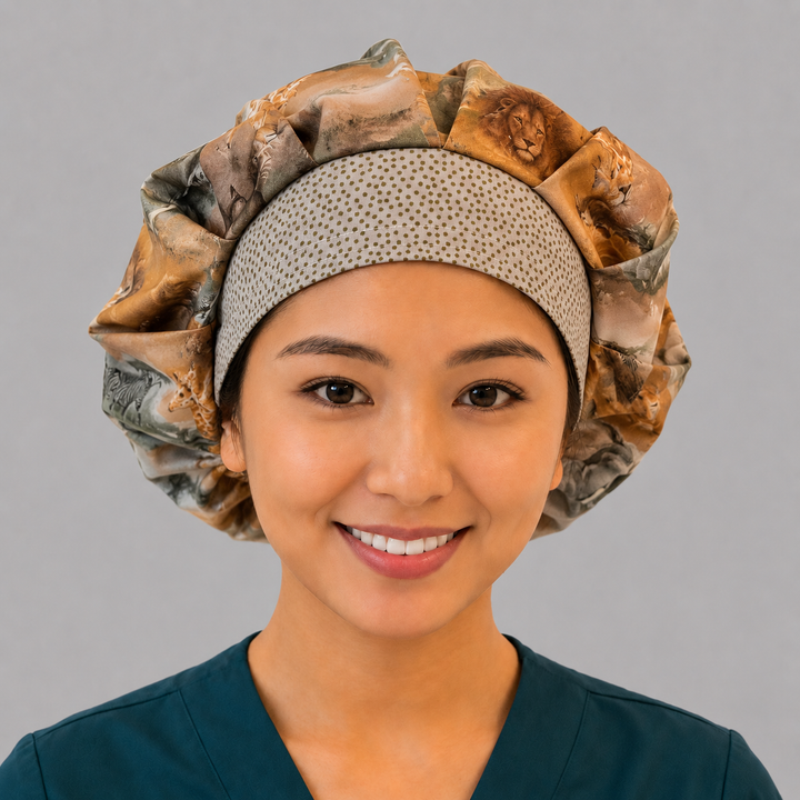 African safari wildlife bouffant scrub cap for women, front view, elephants lions and giraffes print, handmade by OR World