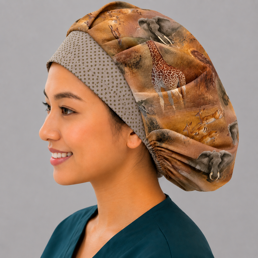 African safari wildlife bouffant scrub cap for women, side view, giraffe and elephant savanna print, OR World