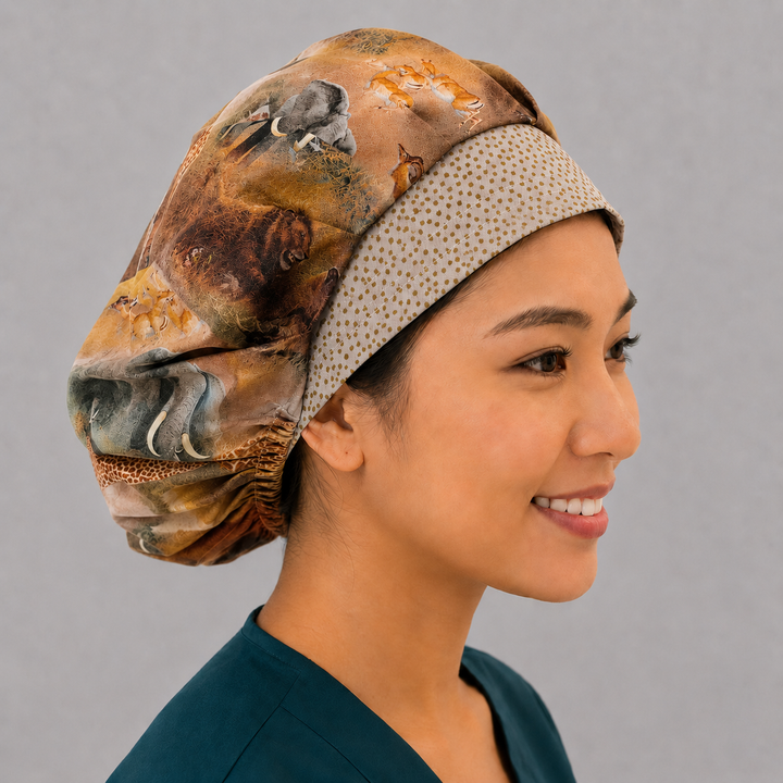 African safari wildlife bouffant surgical cap for women, opposite side view, elephant and bison print, OR World