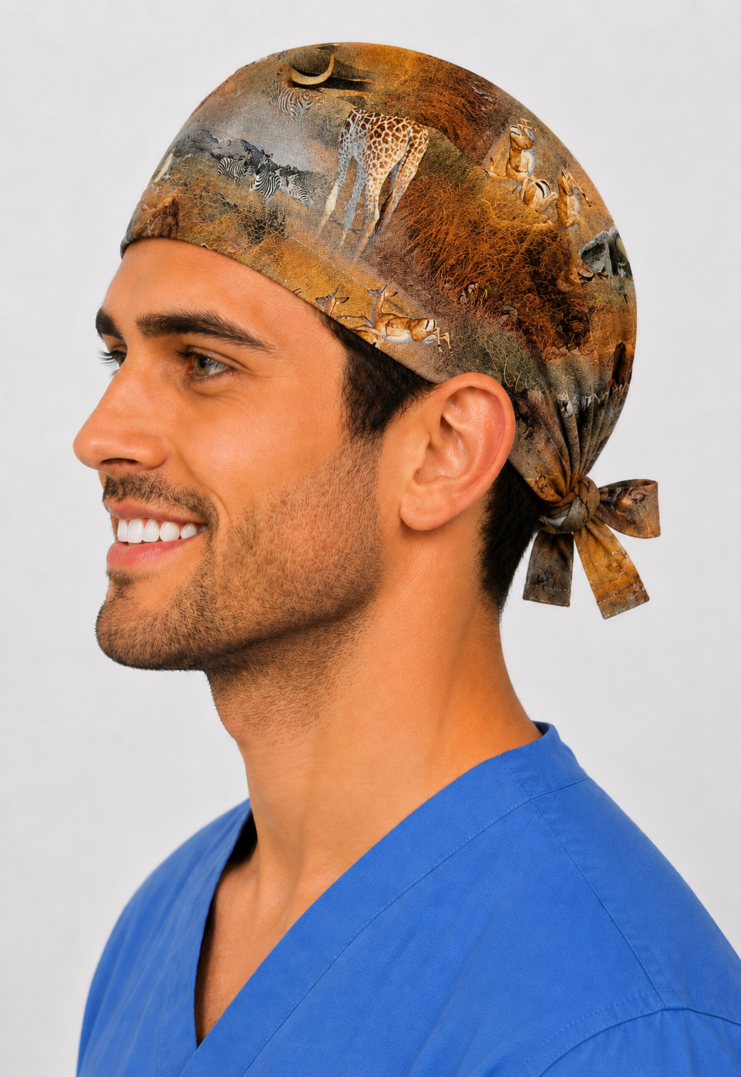 Back view of African safari tie-back scrub cap showing the bow tie closure — handmade-in-USA OR World men&