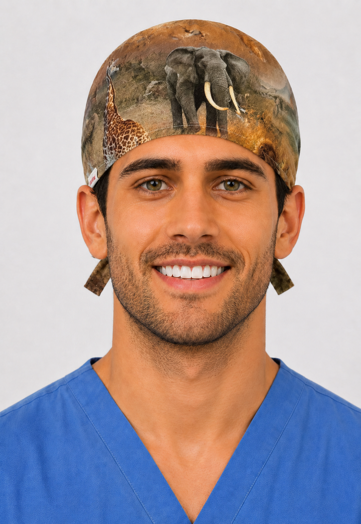 Profile view of African safari wildlife tie-back scrub cap on a male model — handmade-in-USA surgical hat, gift for surgeons, nurses &amp; vets.