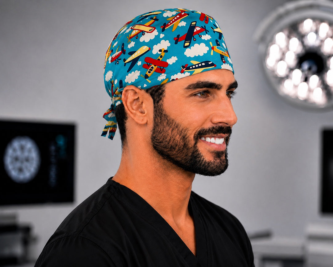Airplane aviation scrub cap and pilot surgical hat with vintage planes and clouds, handmade men&