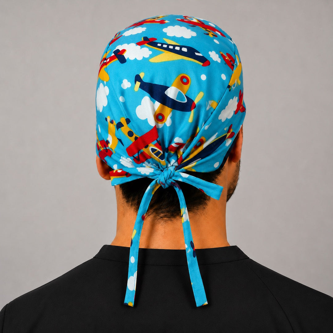 Back view of adjustable tie-back knot on airplane aviation scrub cap surgical hat for men