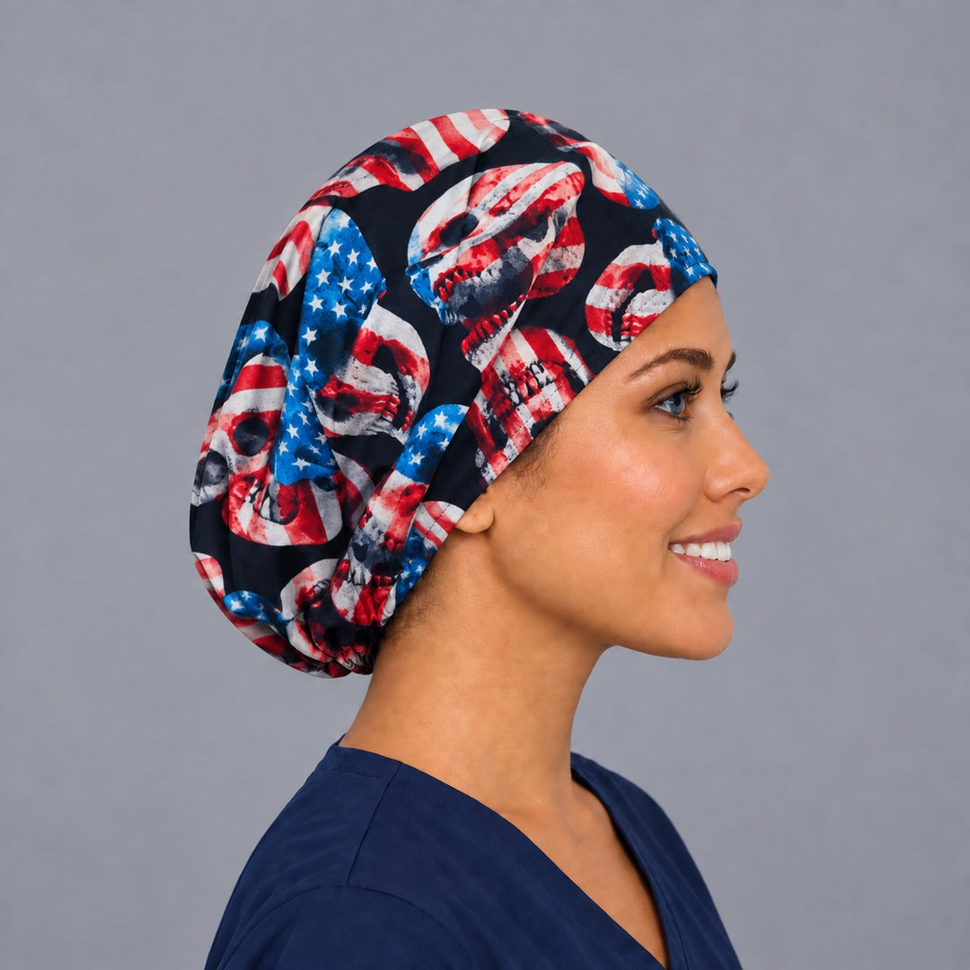 Right side profile of the American flag skull Euro surgical hat — stars and stripes skull print, breathable cotton cap for nurses