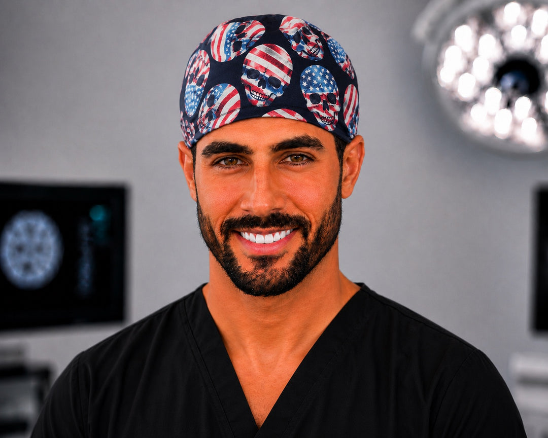 Man in American flag skull scrub cap for men, patriotic doctor and surgeon surgical hat, straight front view