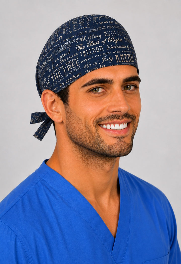 Left profile of American freedom scrub cap for men in navy, Veterans Day OR cap