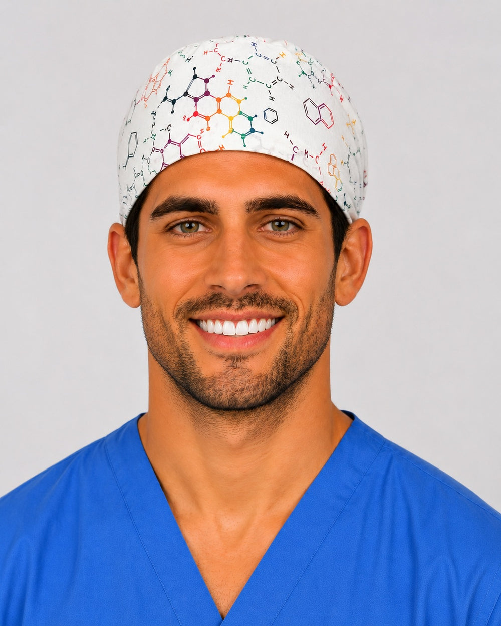 Back view of the anesthesia chemistry molecule scrub cap bow — tie-back science surgical cap, CRNA and lab tech gift, one size fits most