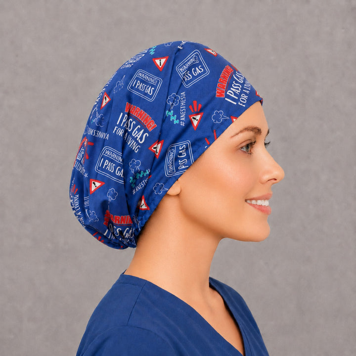 Right side profile of the anesthesia Euro surgical hat — gas cloud and hashtag print, breathable cotton cap for CRNAs