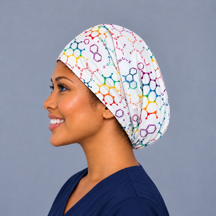Left side profile of an anesthesia molecule OR cap in 100% cotton, showing the deep euro crown with room for long hair or a bun