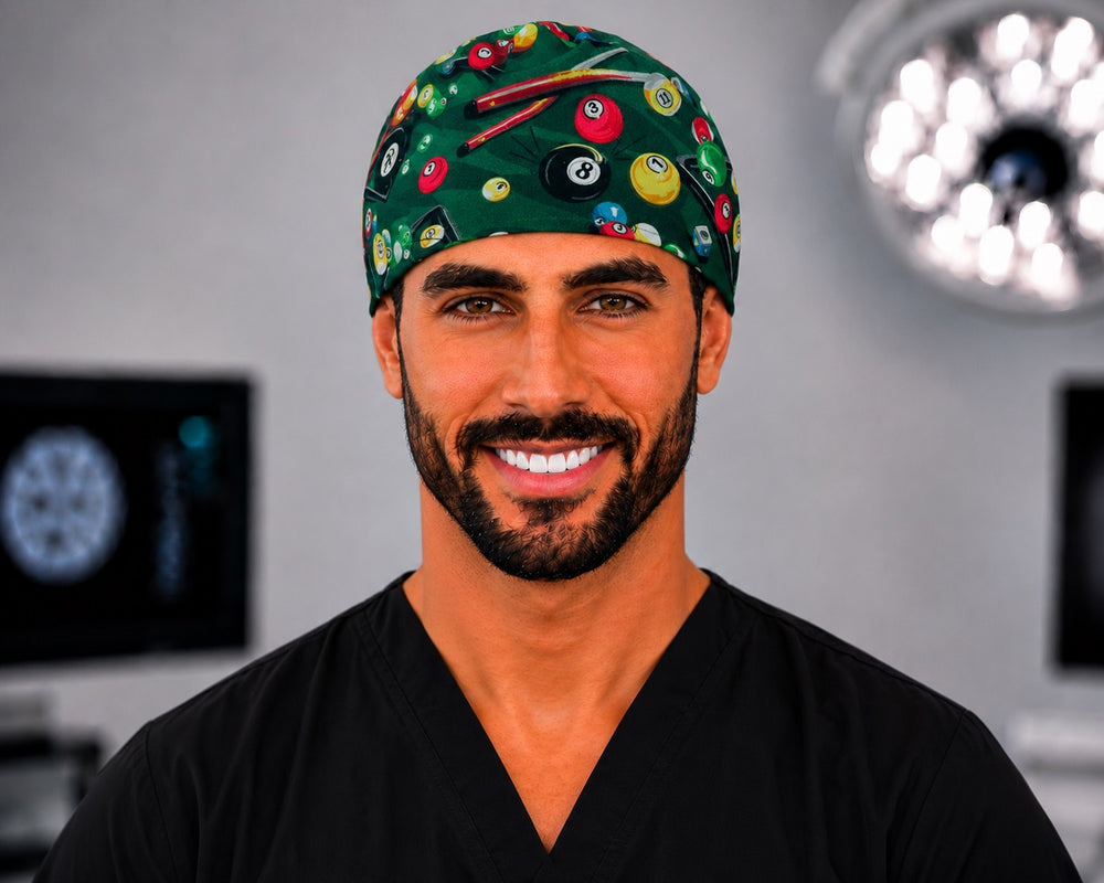Anesthesia provider in an 8-ball pool surgical hat for men, a fun gift for surgeons who love pool, close-up front