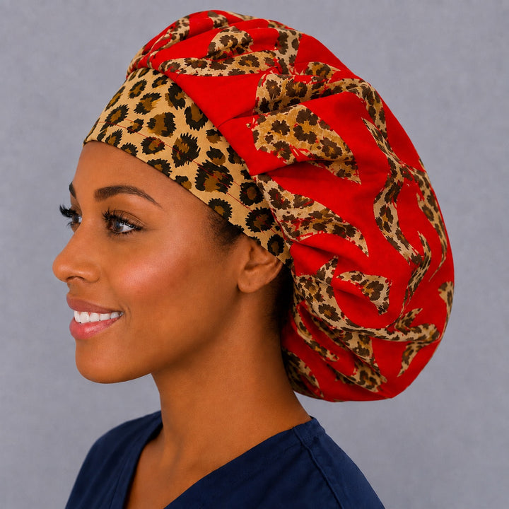 Animal print band bouffant scrub cap, left side profile — cheetah band and leopard hearts for OR nurses and surgical techs