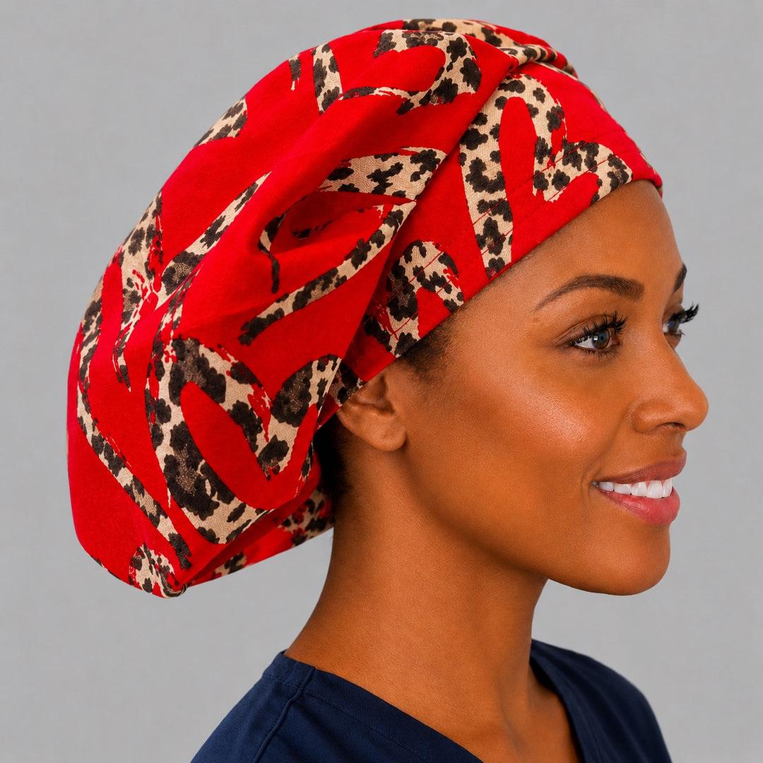 Animal print heart bouffant cap for women, right side profile — handmade leopard heart surgical cap, USA made