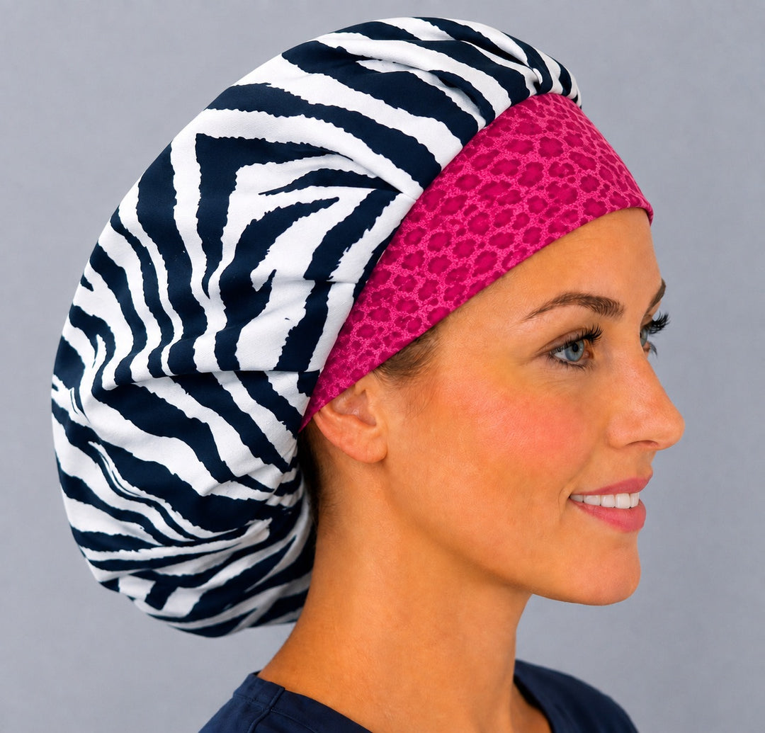 Right side profile of the animal print zebra bouffant surgical hat — pink cheetah contrast band, roomy breathable cotton cap for nurses