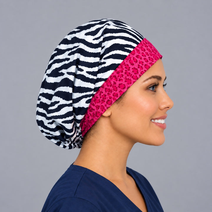 Animal print zebra Euro cap, right side profile — handmade cheetah band surgical cap, USA made