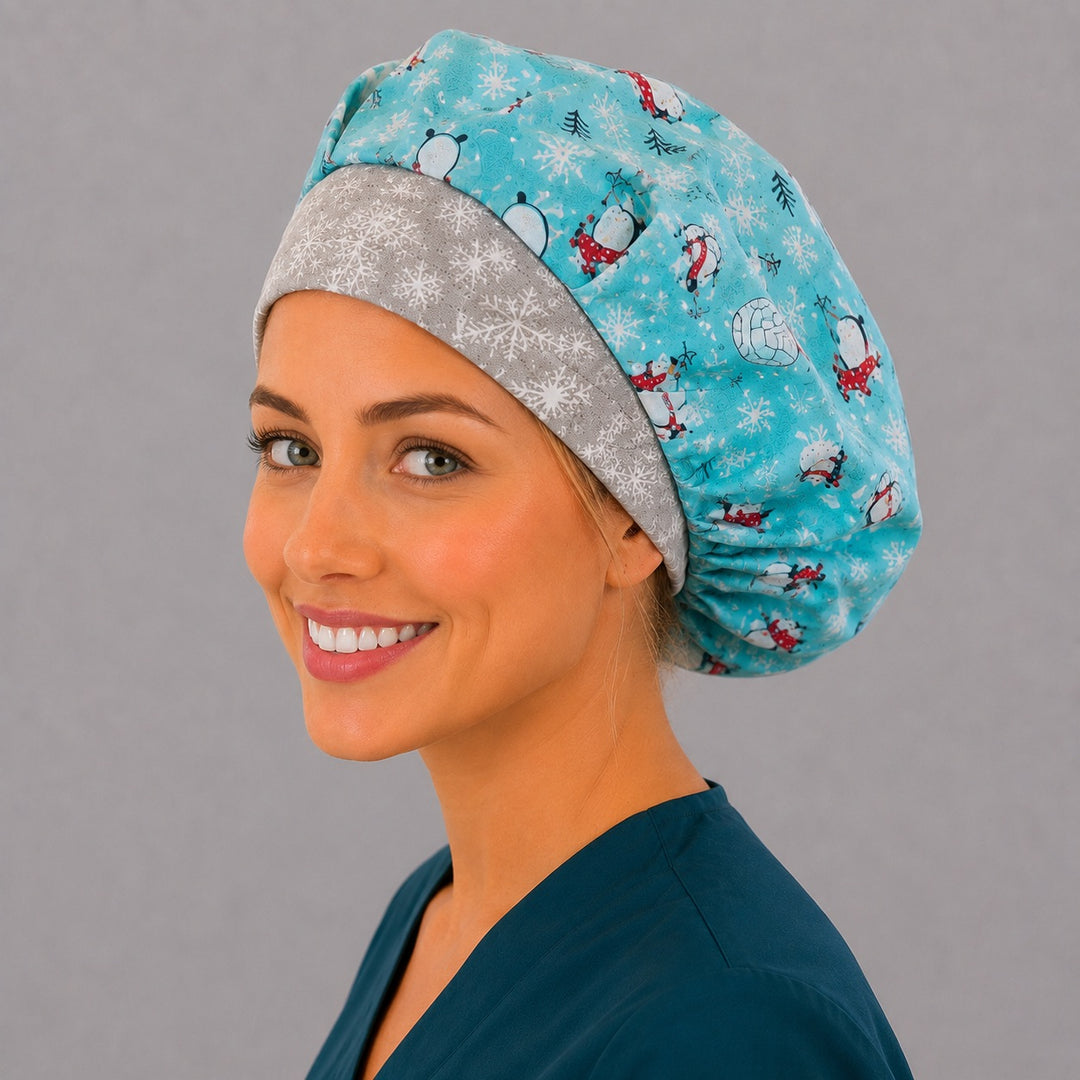 Aqua penguin winter bouffant surgical cap, smiling side view — festive holiday bouffant hat for nurses and vet techs, breathable cotton