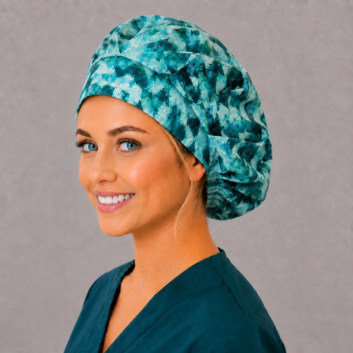 Aqua and white bouffant surgical cap for long hair, left angled view — deep gathered fit that secures thick or braided hair