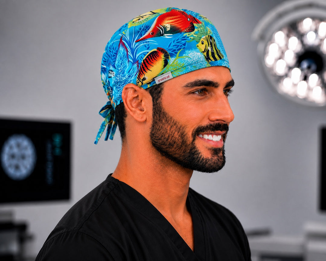 Aquarium sea life surgical cap on a man, side profile — reef fish tieback cap for OR nurses and vet techs