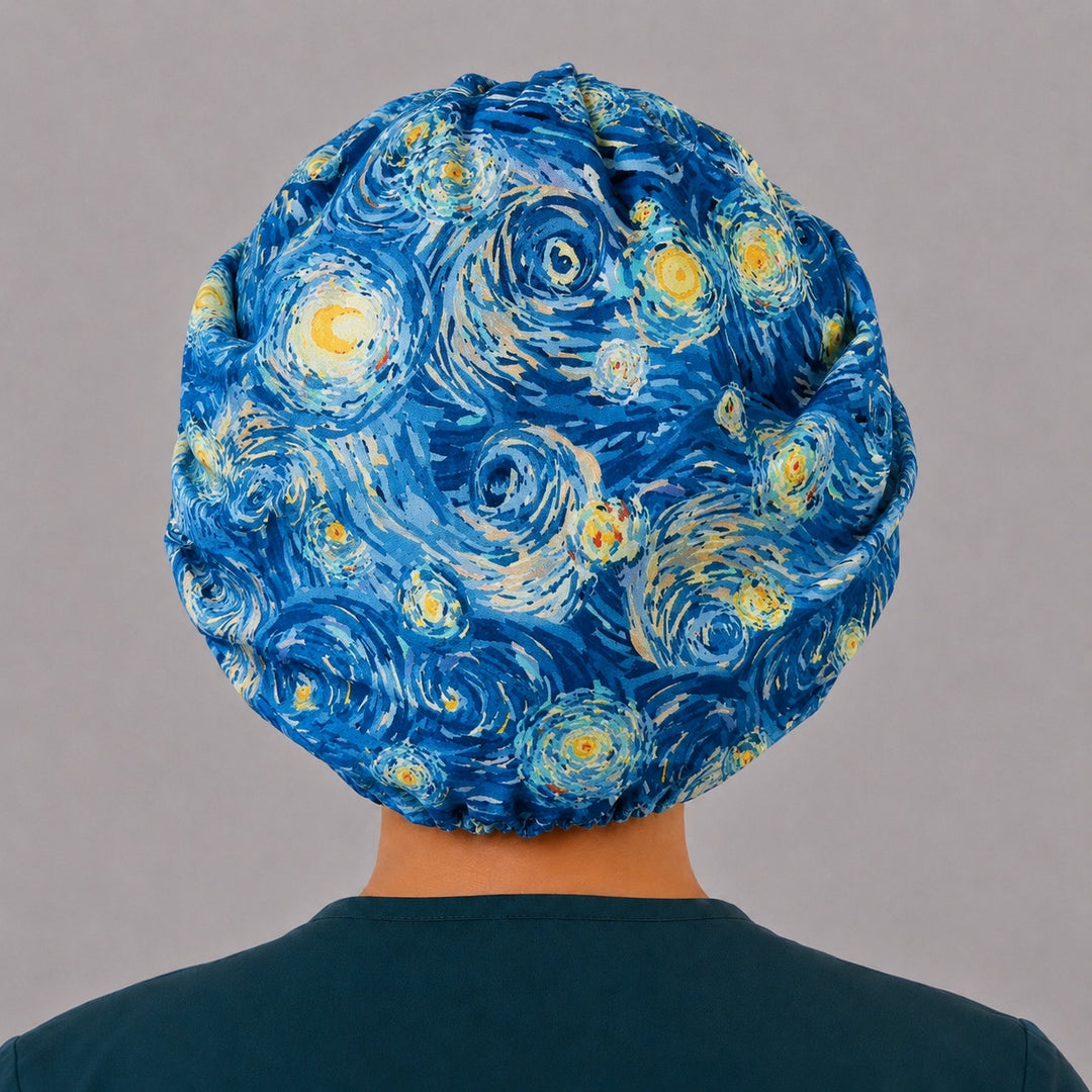 Artistic Starry Night bouffant cap for women, left angled view — handmade Van Gogh inspired surgical cap, USA made