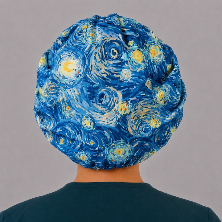 Artistic Starry Night bouffant cap for women, left angled view — handmade Van Gogh inspired surgical cap, USA made