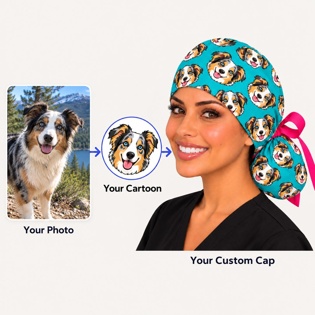 Before and after of a real blue merle Aussie photo turned into a cartoon and printed on a teal custom pet ponytail scrub cap