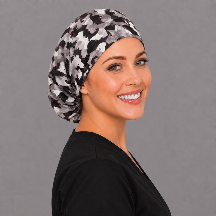 Autumn bat Euro surgical cap, left angled view — elastic adjustable back that secures long or thick hair