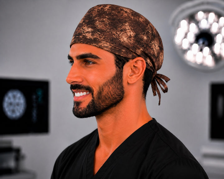 Male nurse in rustic autumn brown fall surgical hat, left side profile, OR World tieback scrub cap