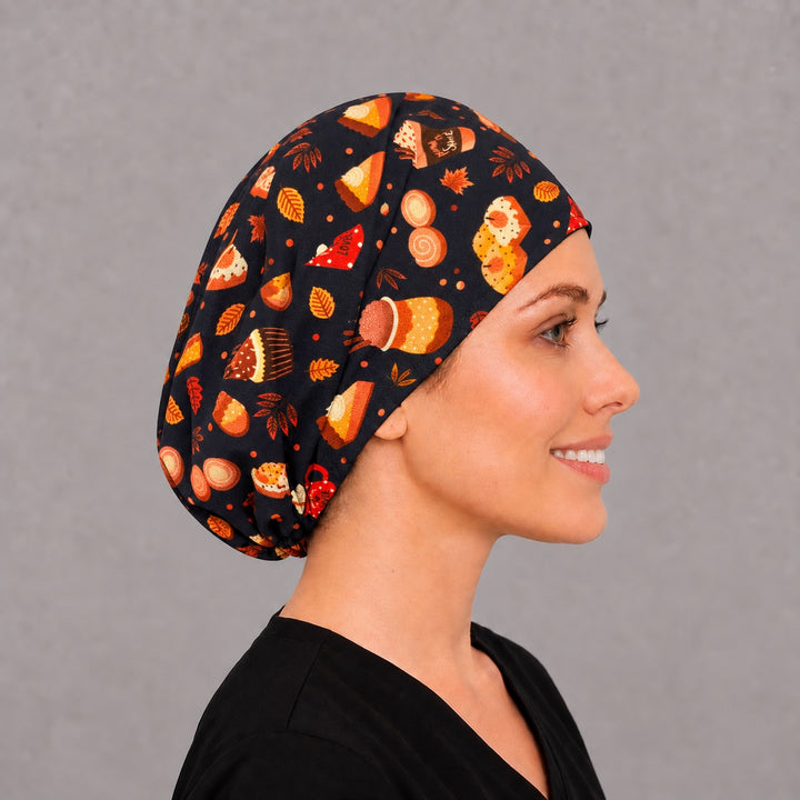 Right side profile of the autumn coffee and dessert Euro surgical hat — cinnamon roll and maple leaf print, breathable cotton cap for nurses