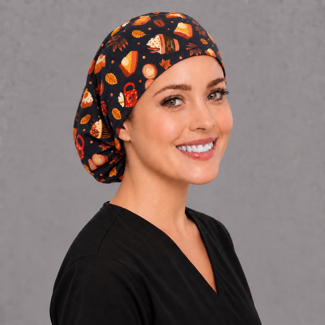 Autumn dessert Euro scrub cap, left angled view — elastic adjustable back that secures long or thick hair