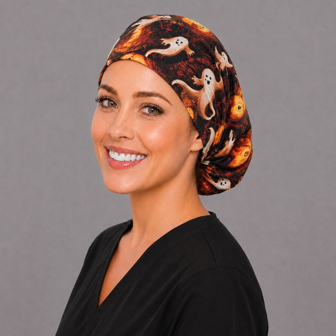 Autumn ghost Euro surgical cap, left angled view — elastic adjustable back that secures long or thick hair