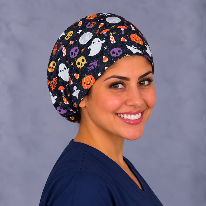 Autumn ghost Euro surgical cap, right angled view — mushroom and skull print for pediatric nurses and vet techs