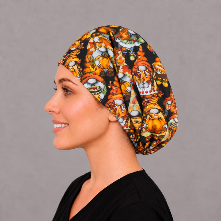 Autumn gnome Euro surgical cap, left angled view — elastic adjustable back that secures long or thick hair