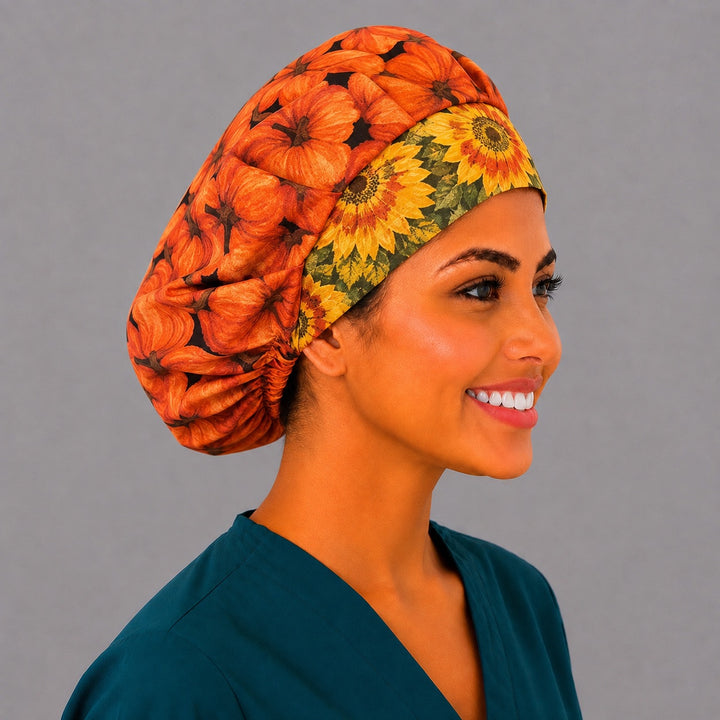 Right side profile of the autumn pumpkin bouffant surgical hat — yellow sunflower and green leaf contrast band, roomy breathable cotton cap